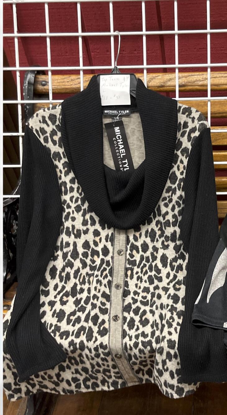 NEW MICHAEL TYLER women's leopard long sleeve top in brown/ black